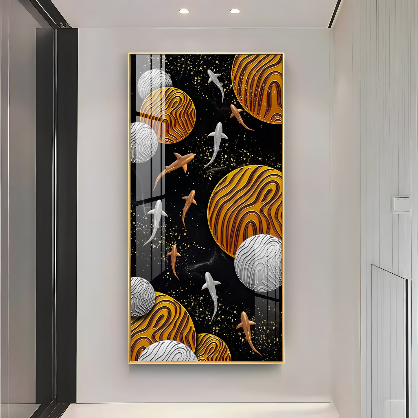 Circular Shapes With Fish Premium Acrylic Vertical Wall Art