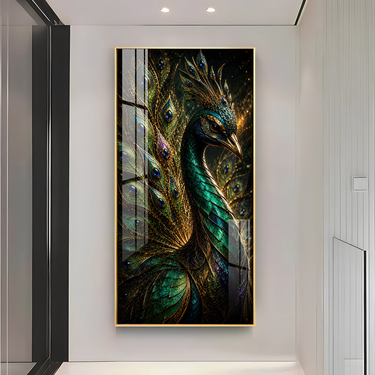 Majestic Jewel Toned Peacock Feather Premium Acrylic Vertical Wall Art