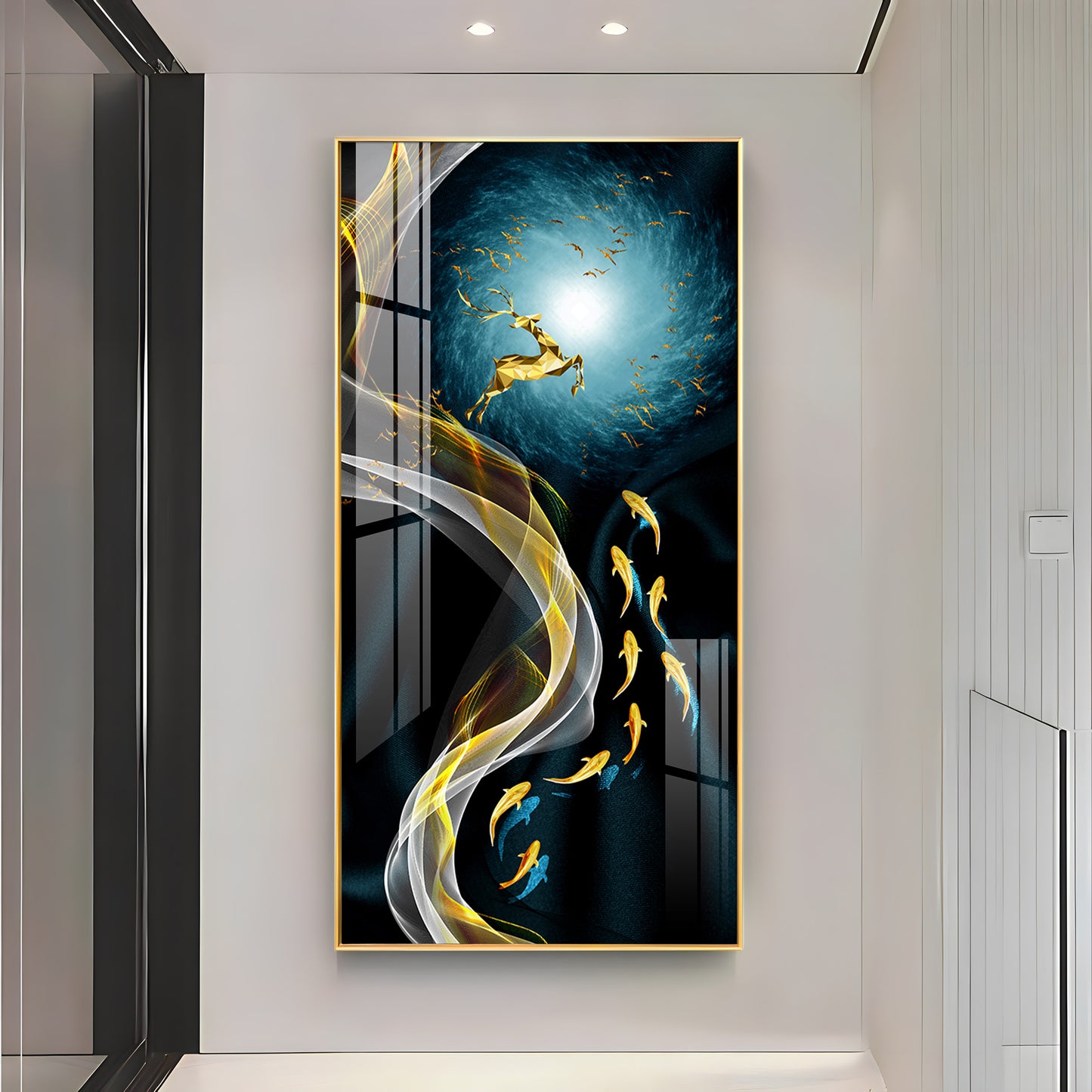 Golden Deer & Fish Premium Acrylic Vertical Wall Art