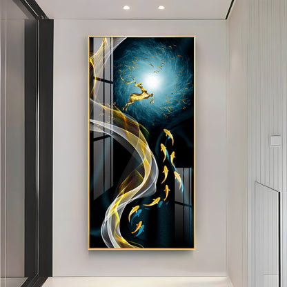 Golden Deer & Fish Premium Acrylic Vertical Wall Art