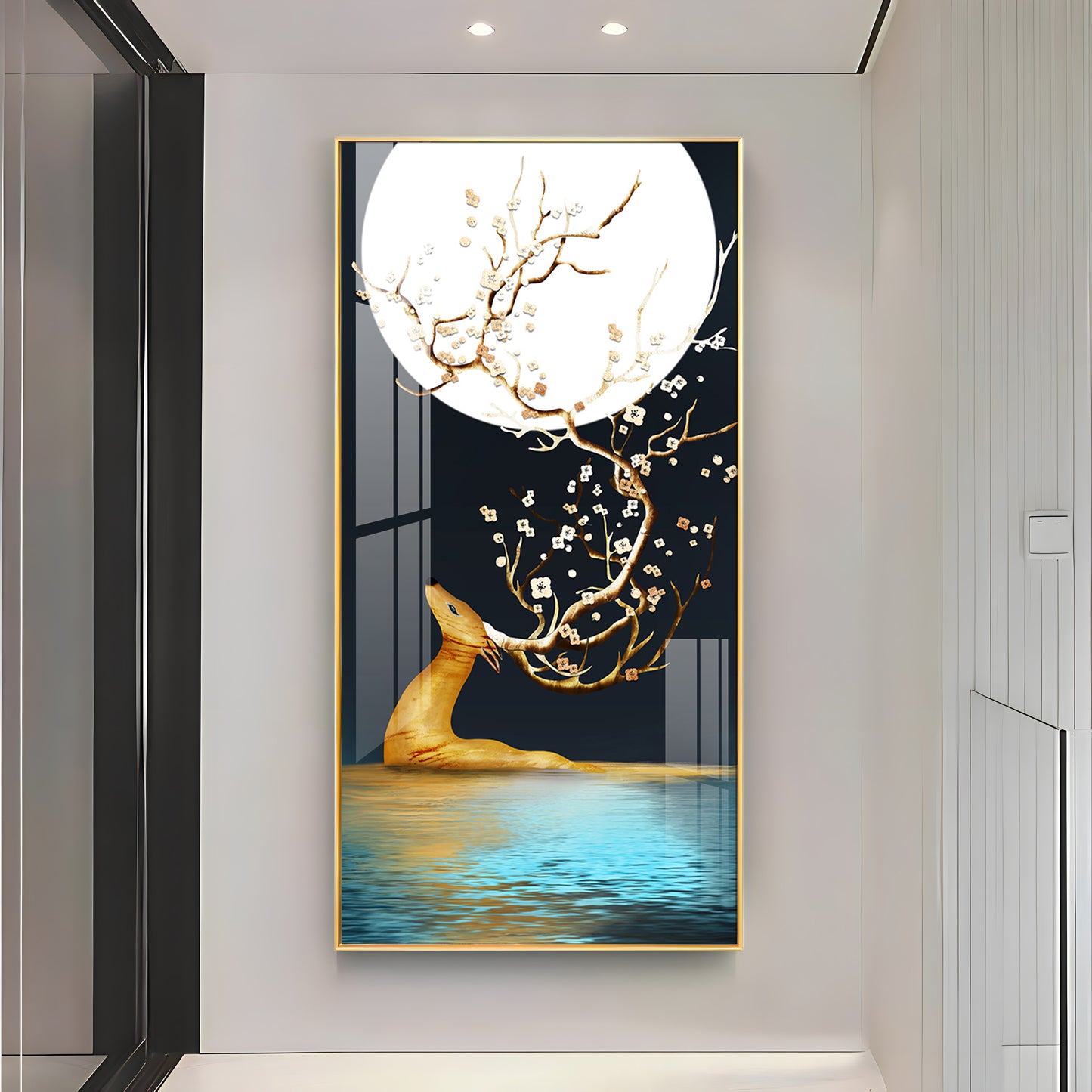 Golden Deer With Full Moon Premium Acrylic Vertical Wall Art