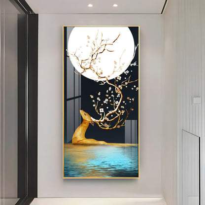 Golden Deer With Full Moon Premium Acrylic Vertical Wall Art
