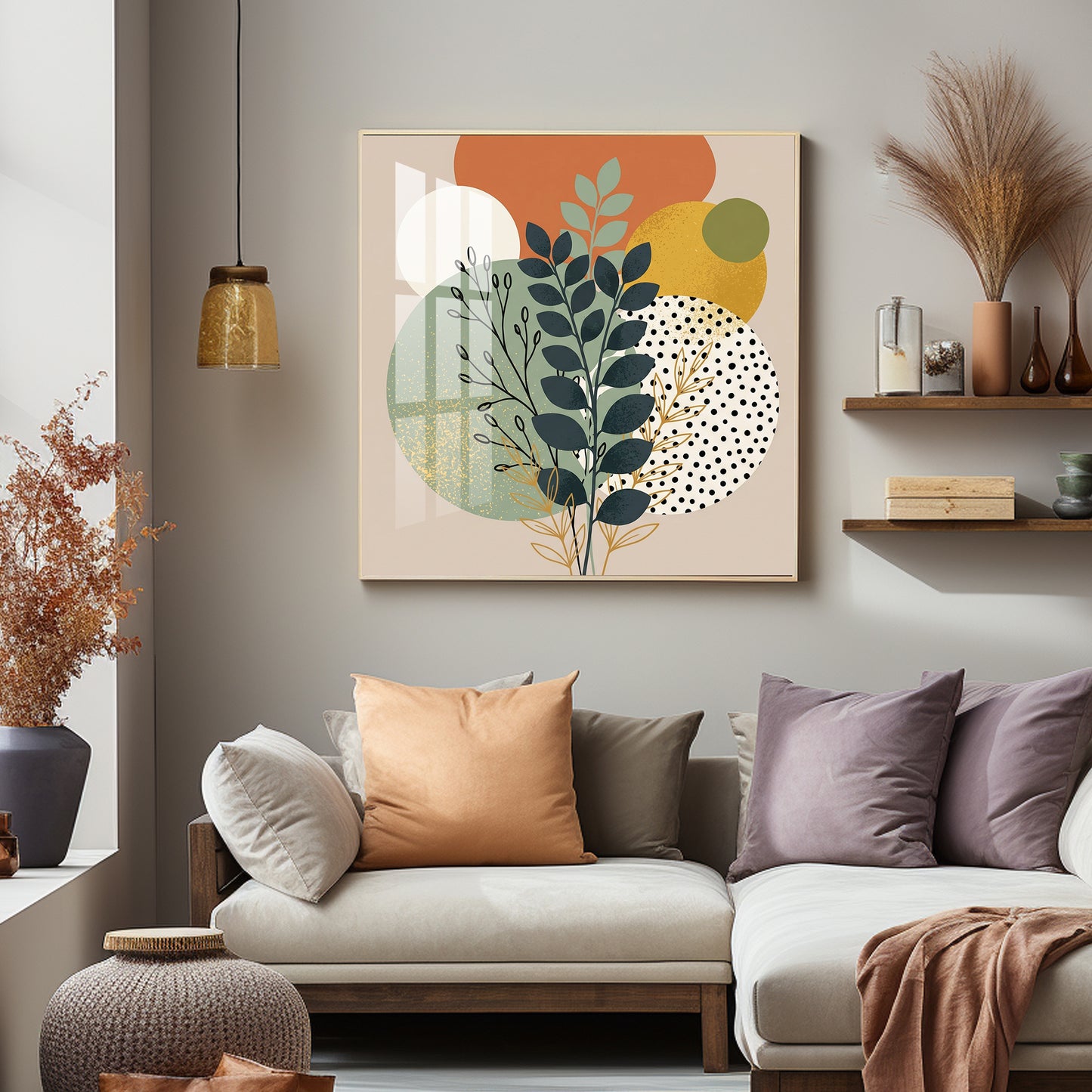 Leafy Branches Geometric Shapes Premium Acrylic Square Wall Art