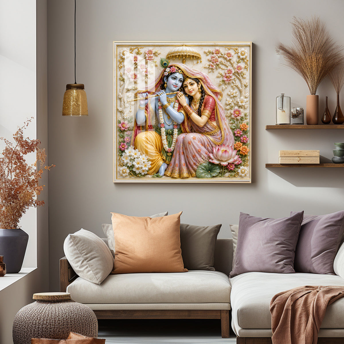 Radha Krishna Floral Premium Acrylic Square Wall Art