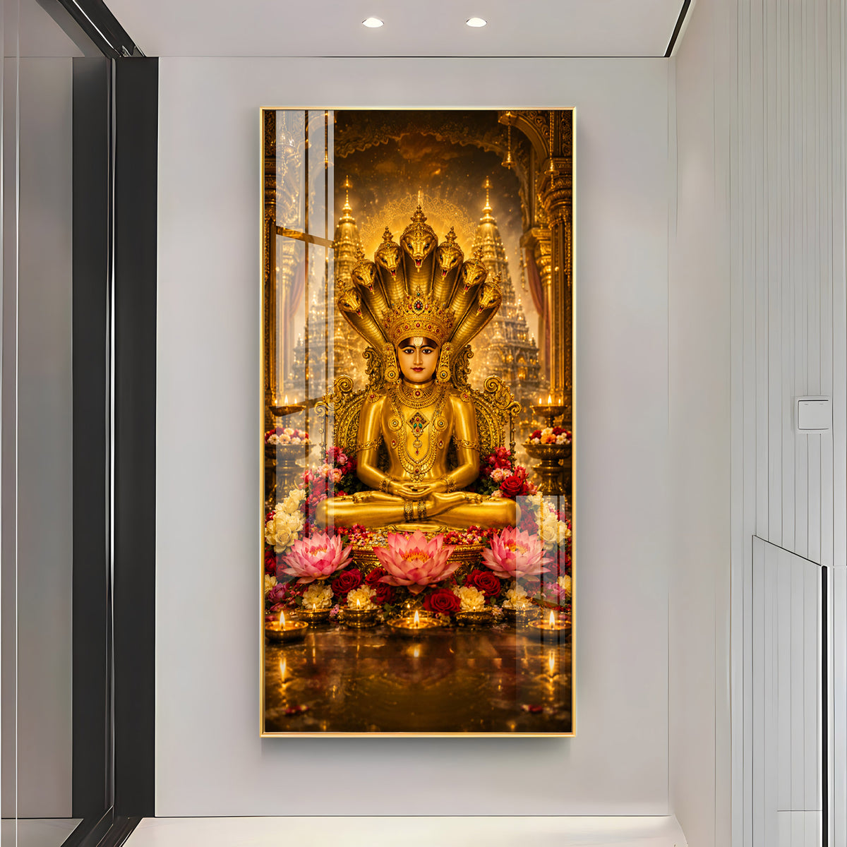 Divine Lord Parshvanath Golden Idol Lotus Premium Acrylic Vertical Wall Art