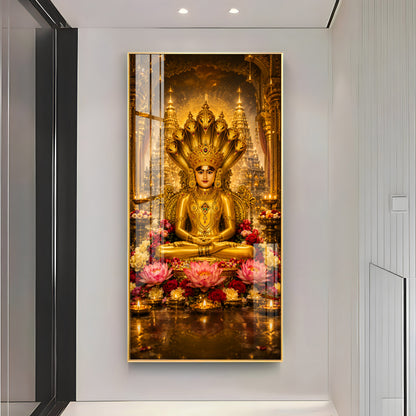 Divine Lord Parshvanath Golden Idol Lotus Premium Acrylic Vertical Wall Art