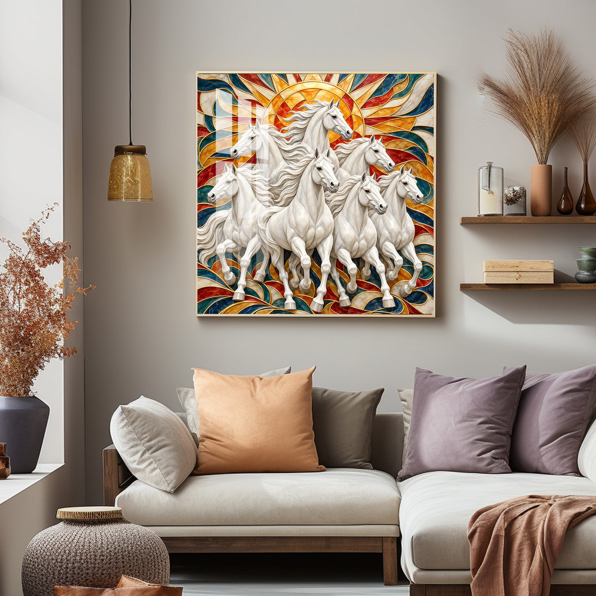 Seven Galloping White Horses Premium Acrylic Square Wall Art