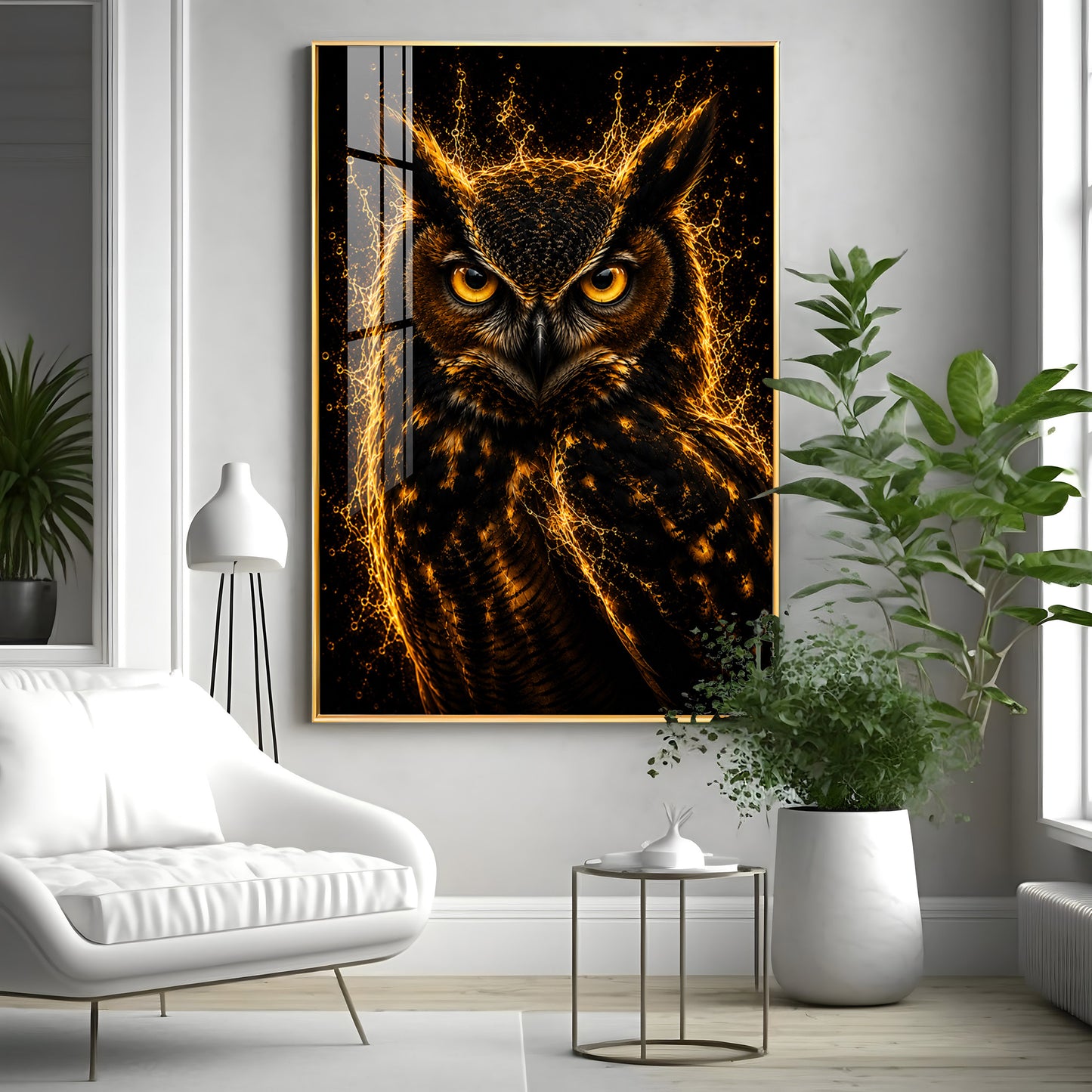 Golden Flame Owl Premium Acrylic Vertical Wall Art