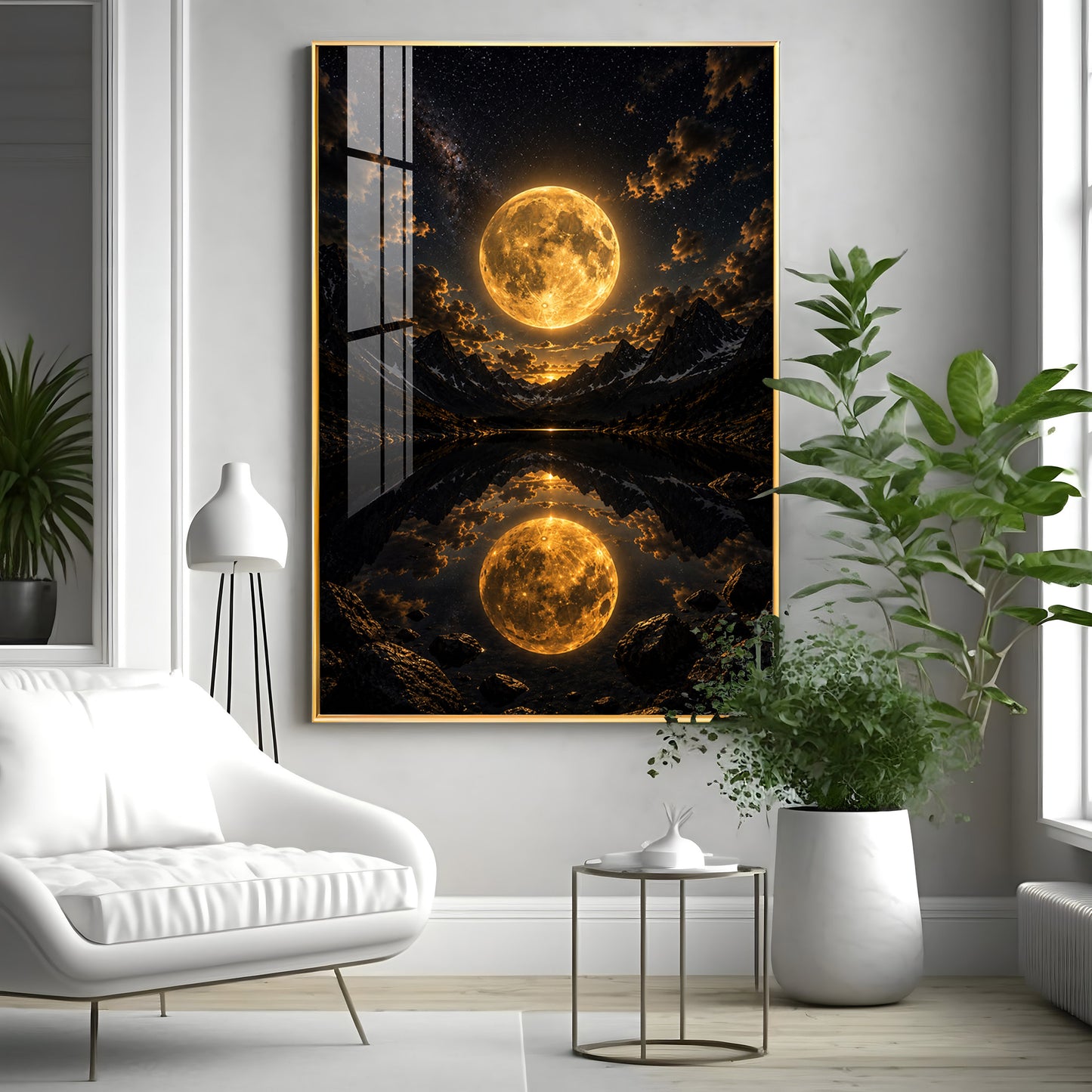 Luminous Supermoon & Mountain Lake Reflection Premium Acrylic Vertical Wall Art