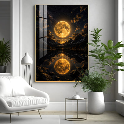 Luminous Supermoon & Mountain Lake Reflection Premium Acrylic Vertical Wall Art