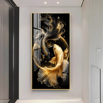 Yin Yang Golden & Black Koi Fish Premium Acrylic Vertical Wall Art
