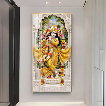 Krishna in Yellow Dress Premium Acrylic Vertical Wall Art