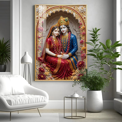 Depiction Of Radha Krishna Seated Together Premium Acrylic Vertical Wall Art