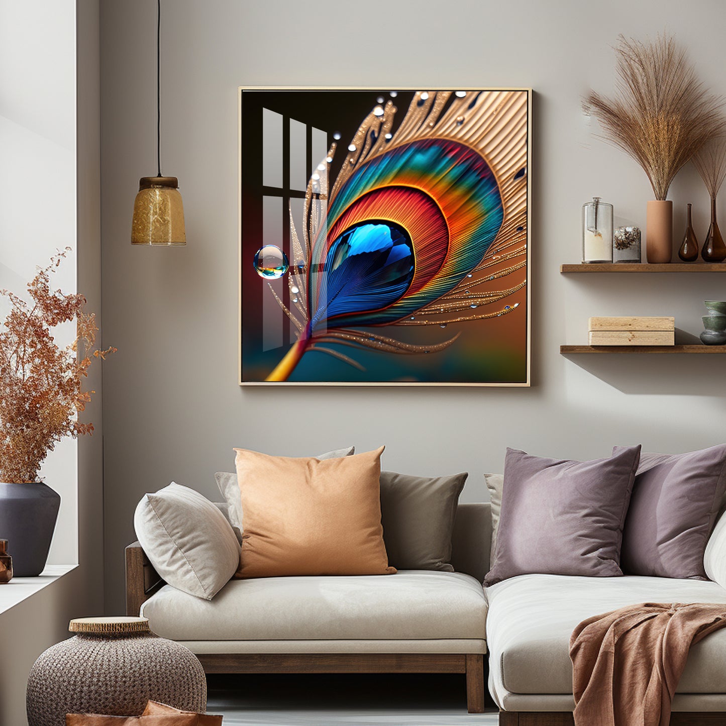 Vibrant Color Peacock Feather Premium Square Vertical Wall Art