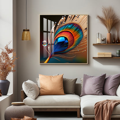Vibrant Color Peacock Feather Premium Square Vertical Wall Art