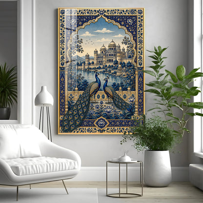 Royal Blue Peacocks & Palace Premium Acrylic Vertical Wall Art