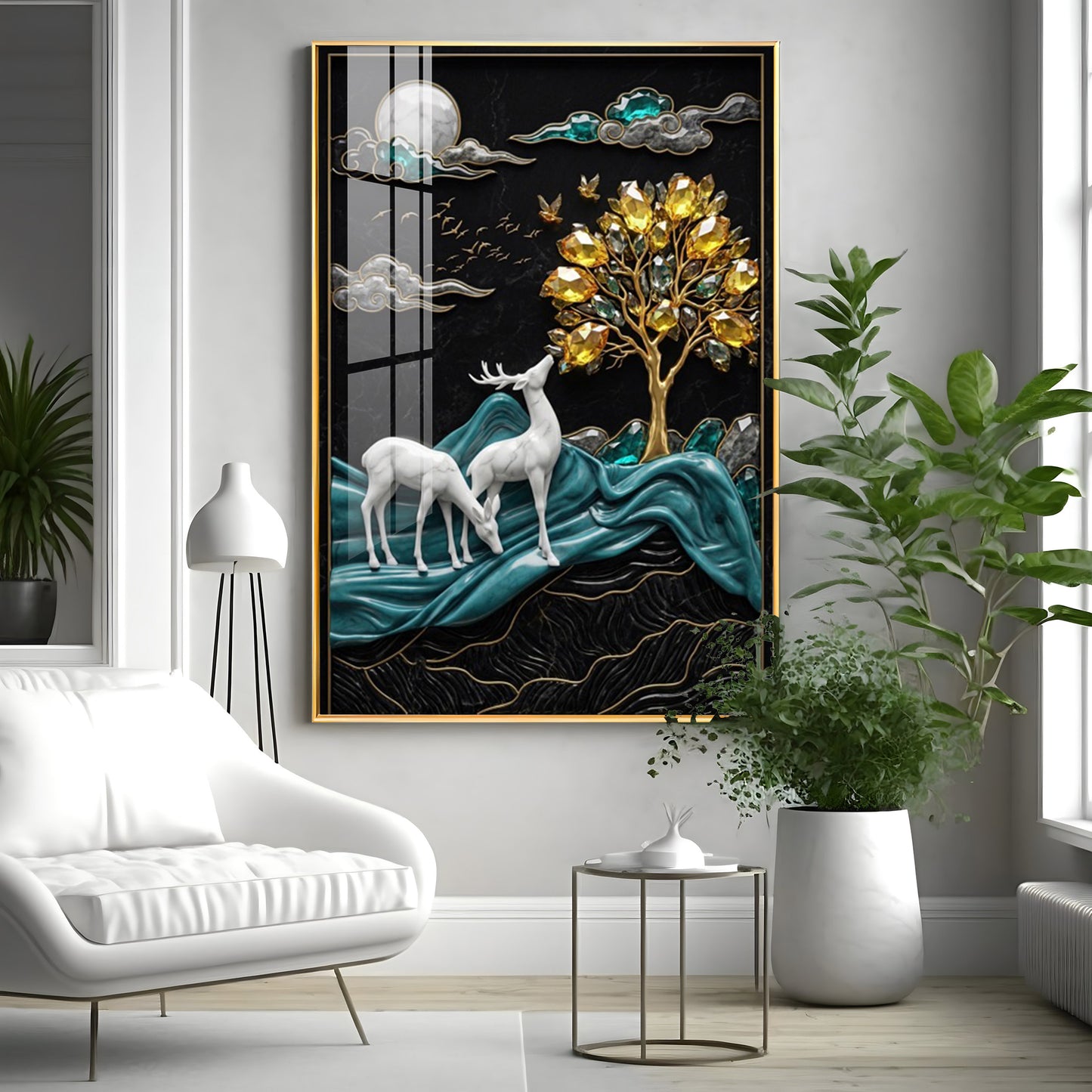 White Deers With Golden Tree Premium Acrylic Vertical Wall Art
