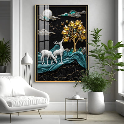 White Deers With Golden Tree Premium Acrylic Vertical Wall Art