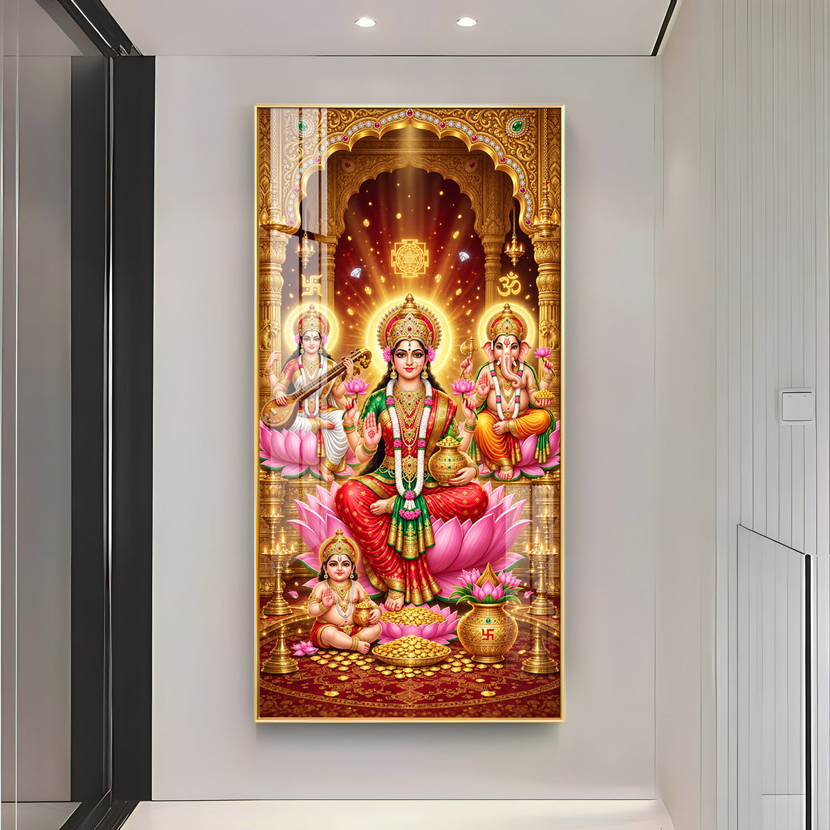 Maa Laxmi, Saraswati and Ganesh Ji Premium Acrylic Vertical Wall Art