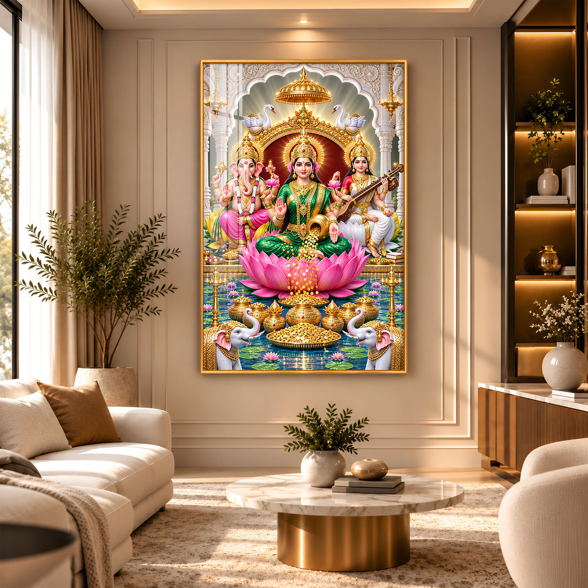 Maa Laxmi Ji, Maa Saraswati & Ganesh Ji Premium Acrylic Vertical Wall Art