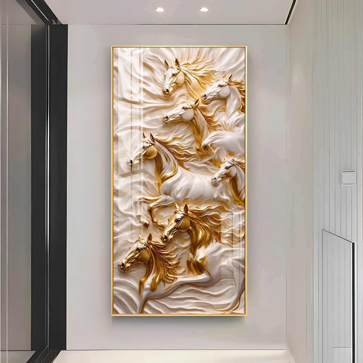 White & Gold Horses Premium Acrylic Vertical Wall Art