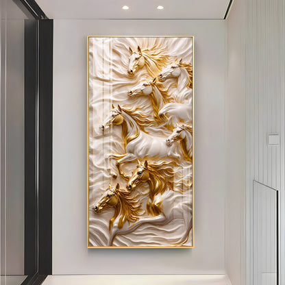 White & Gold Horses Premium Acrylic Vertical Wall Art