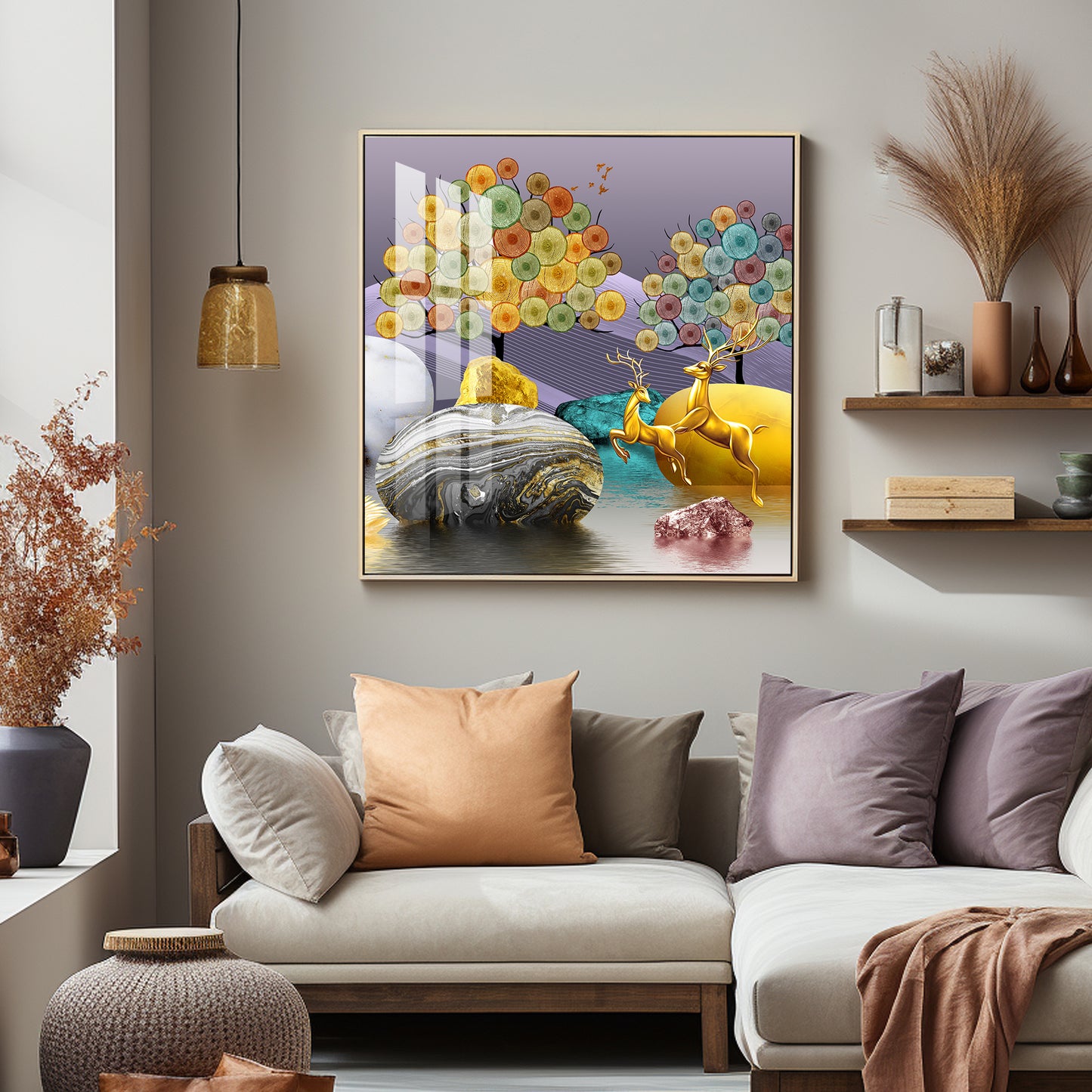 Modern Colorful Background With Golden Deer Premium Acrylic Square Wall Art