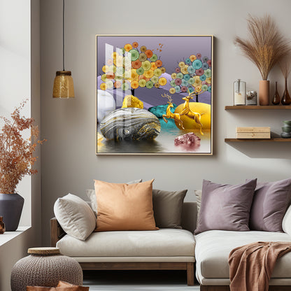 Modern Colorful Background With Golden Deer Premium Acrylic Square Wall Art