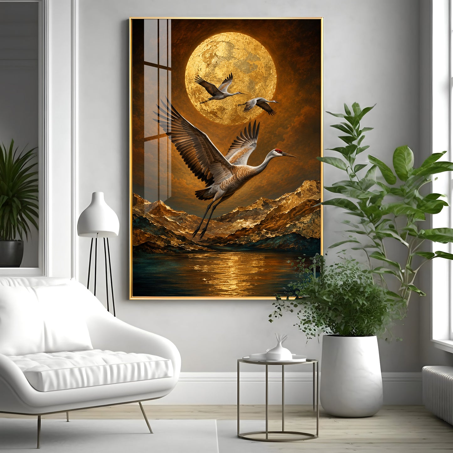 Golden Moon & Flying Cranes Premium Acrylic Vertical Wall Art