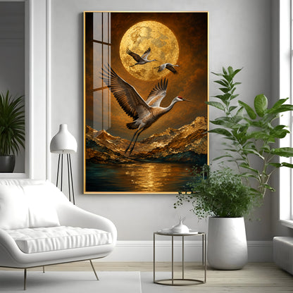 Golden Moon & Flying Cranes Premium Acrylic Vertical Wall Art