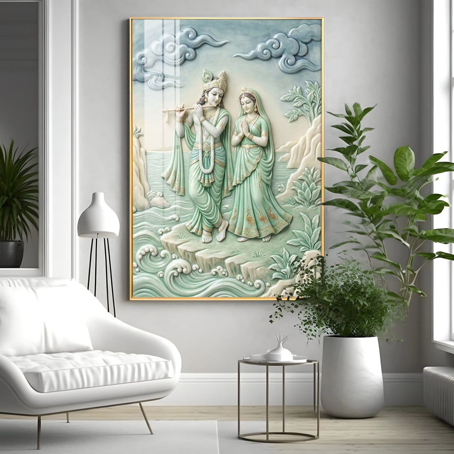 Krishna Playing The Flute Beside Radha Premium Acrylic Vertical Wall Art