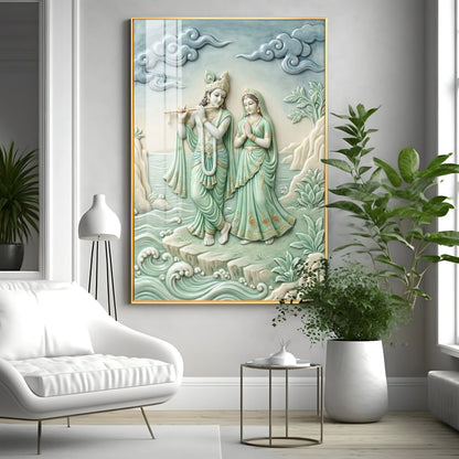 Krishna Playing The Flute Beside Radha Premium Acrylic Vertical Wall Art