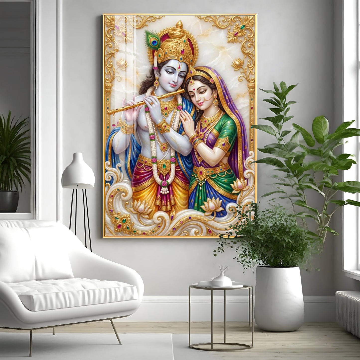 Hindu Deitie Krishna With Radha Premium Acrylic Vertical Wall Art