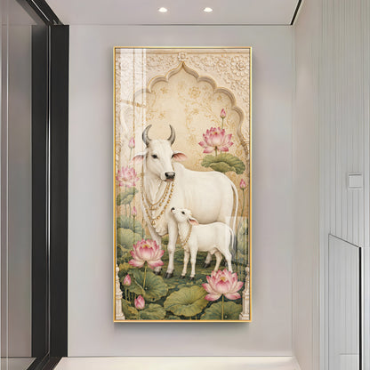 Divine Kamdhenu Cow with Calf Traditional Lotus Premium Acrylic Vertical Wall Art