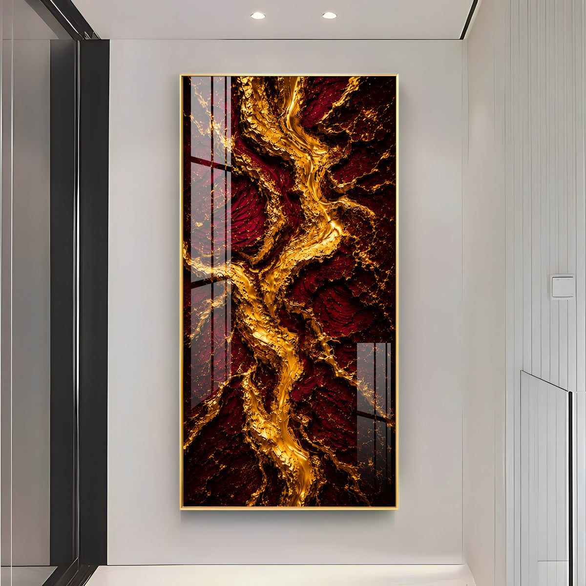 Striking Crimson & Gold Flowing River Premium Acrylic Vertical Wall Art