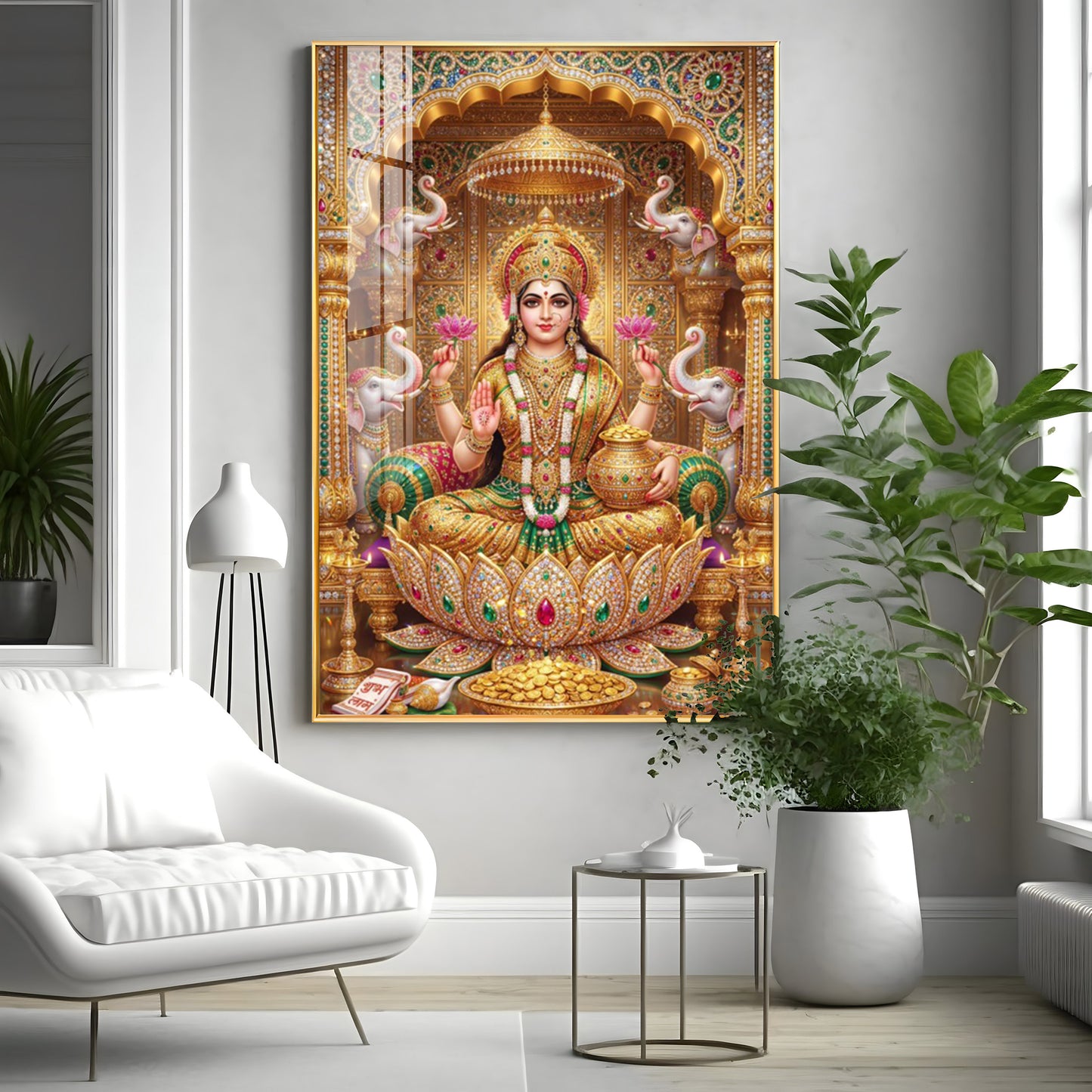 Goddess Lakshmi Seated On A Lotus Throne Premium Acrylic Vertical Wall Art