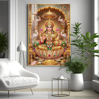 Goddess Lakshmi Seated On A Lotus Throne Premium Acrylic Vertical Wall Art