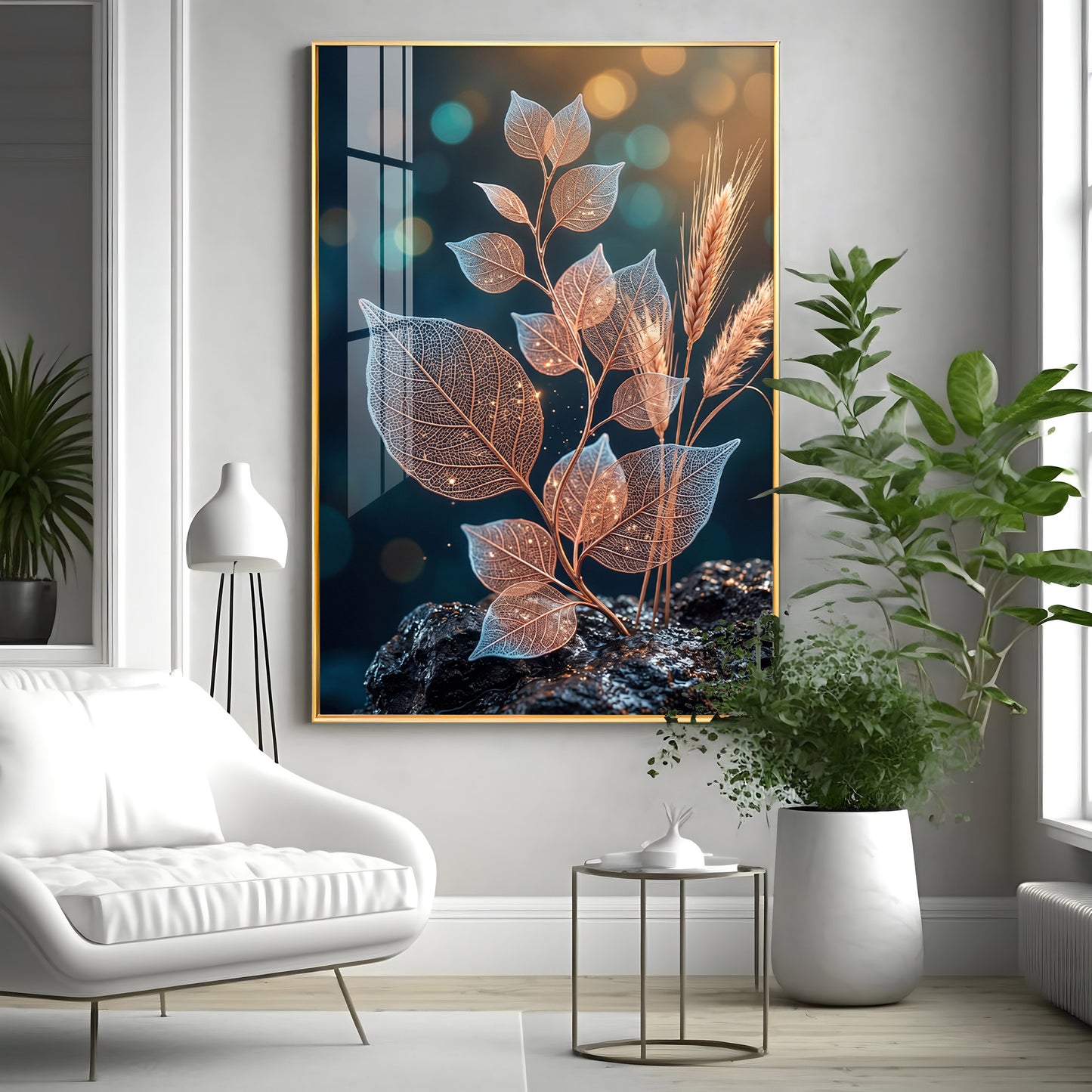 Glowing Vein Leaf & Wheat Premium Acrylic Vertical Wall Art