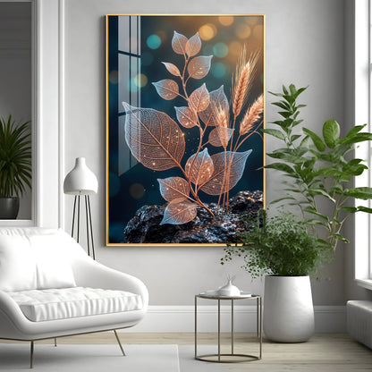 Glowing Vein Leaf & Wheat Premium Acrylic Vertical Wall Art