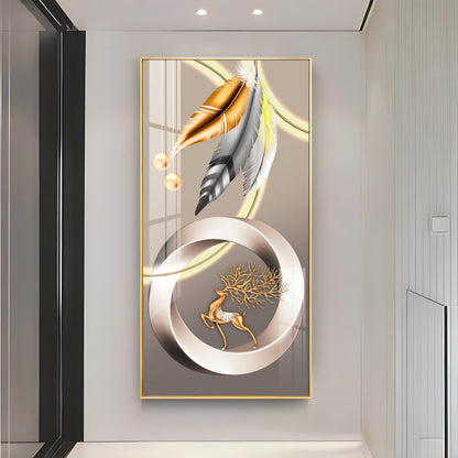 Deer With Gold & Silver Feather Premium Acrylic Vertical Wall Art