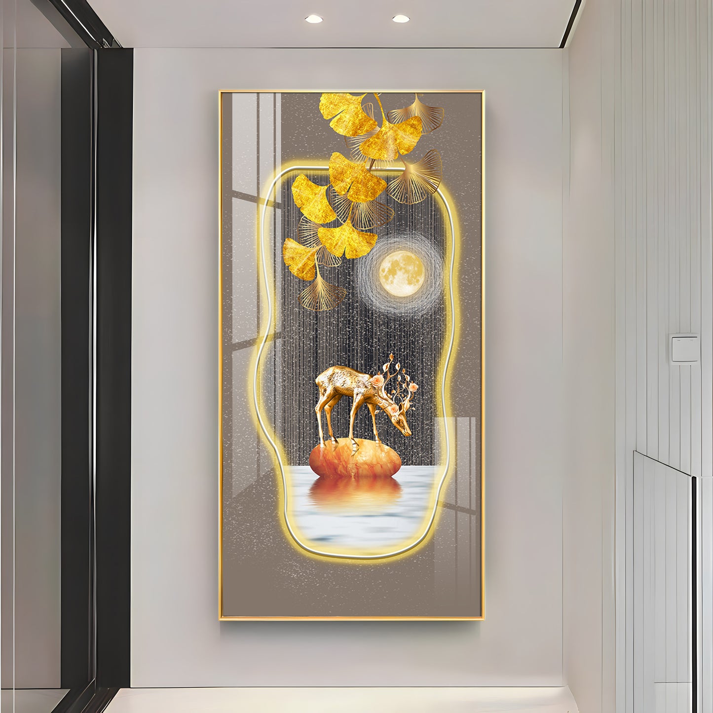 Golden Deer & Gingko Premium Acrylic Vertical Wall Art