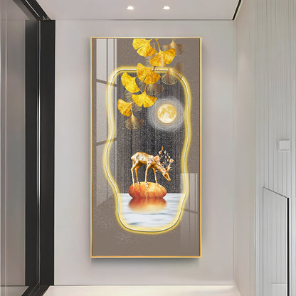 Golden Deer & Gingko Premium Acrylic Vertical Wall Art