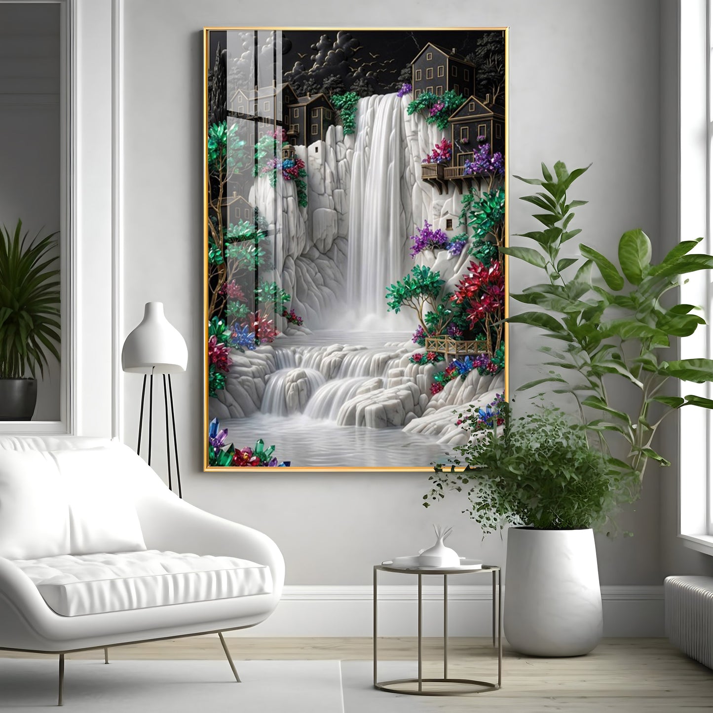 Waterfall Surrounded By Houses Premium Acrylic Vertical Wall Art