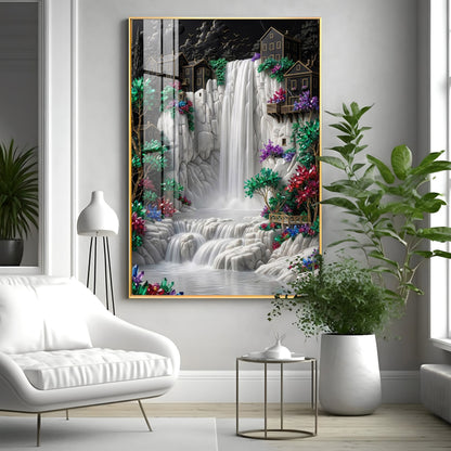 Waterfall Surrounded By Houses Premium Acrylic Vertical Wall Art