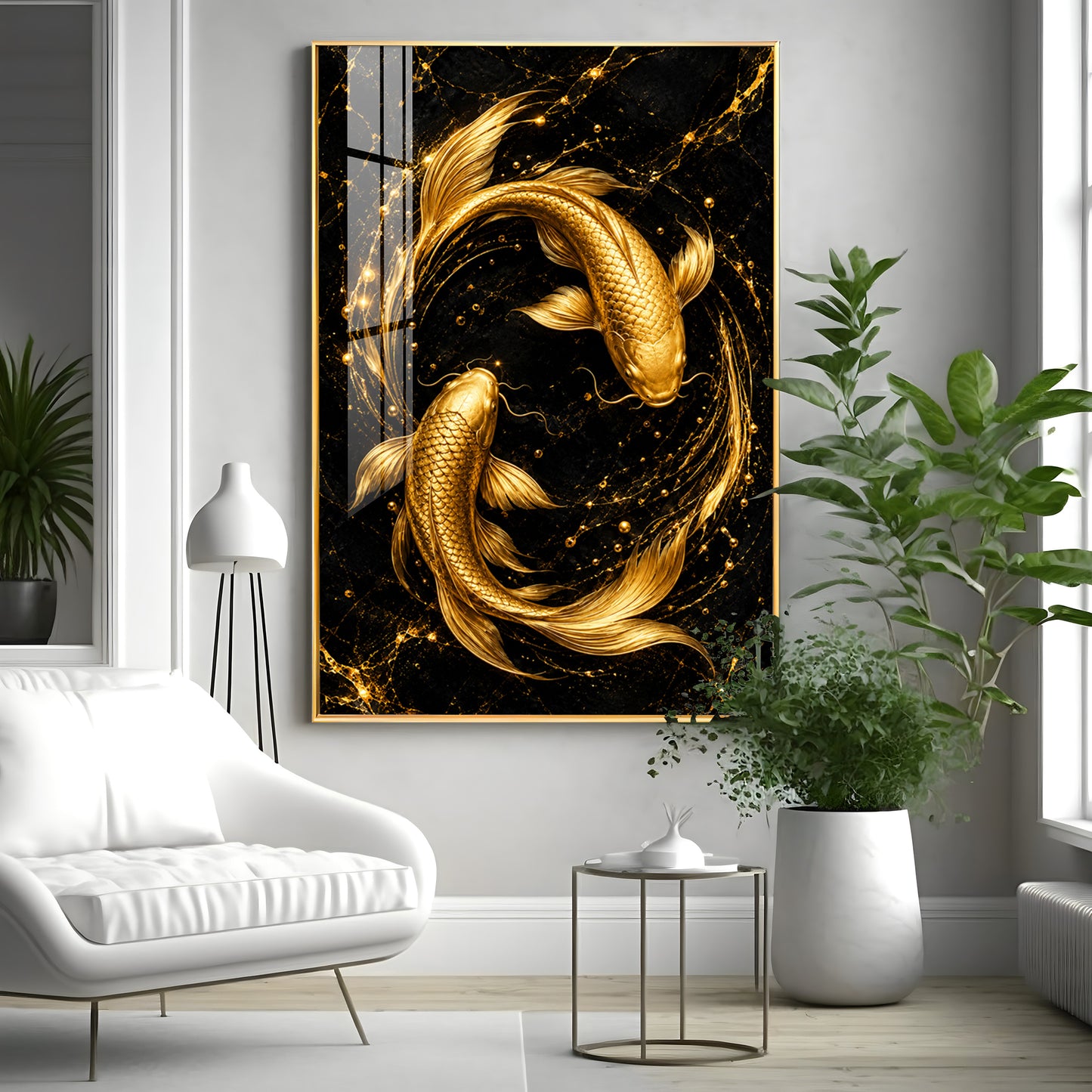 Two Luminous Golden Koi Premium Acrylic Vertical Wall Art