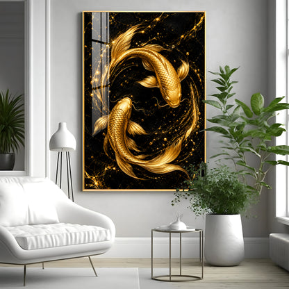 Two Luminous Golden Koi Premium Acrylic Vertical Wall Art