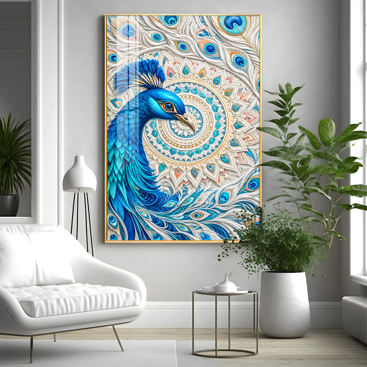 Majestic Blue Peacock Premium Acrylic Vertical Wall Art