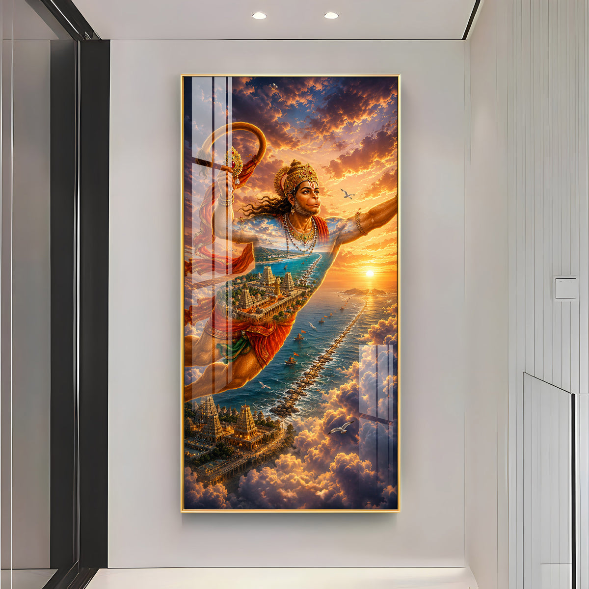 Lord Hanuman Flying Over Ocean Ram Setu Premium Acrylic Vertical Wall Art