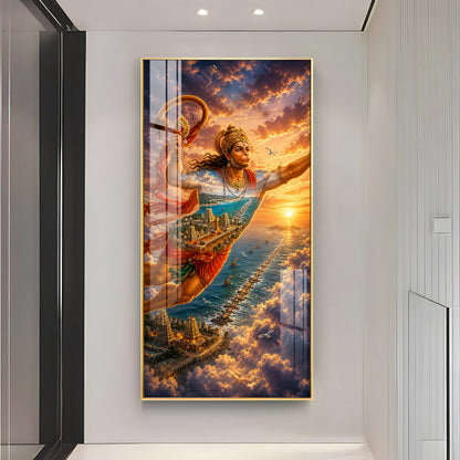 Lord Hanuman Flying Over Ocean Ram Setu Premium Acrylic Vertical Wall Art