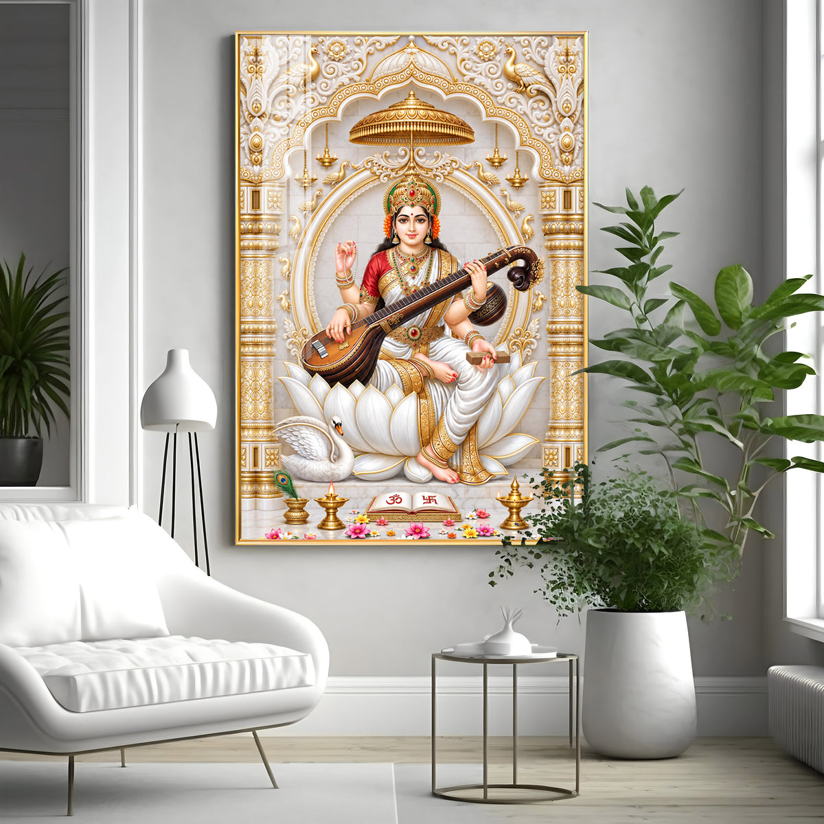 Divine Saraswati Devi Premium Acrylic Vertical Wall Art